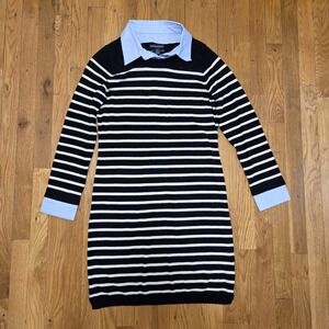 Cynthia Rowley Women's Black and White Striped Merino Wool Collared Dress M